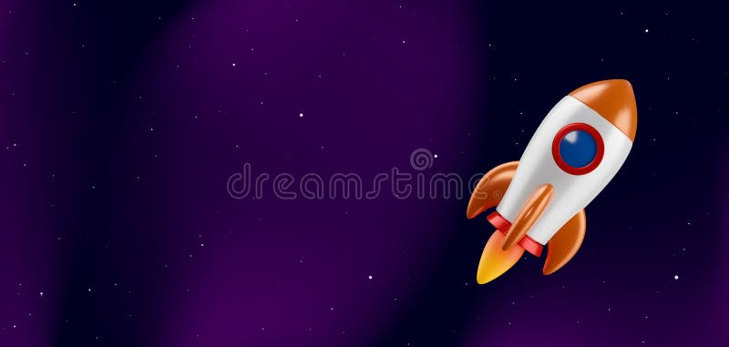 Cartoon vector rocket on dark space background. Flying spaceship with flame from engine. royalty free illustration