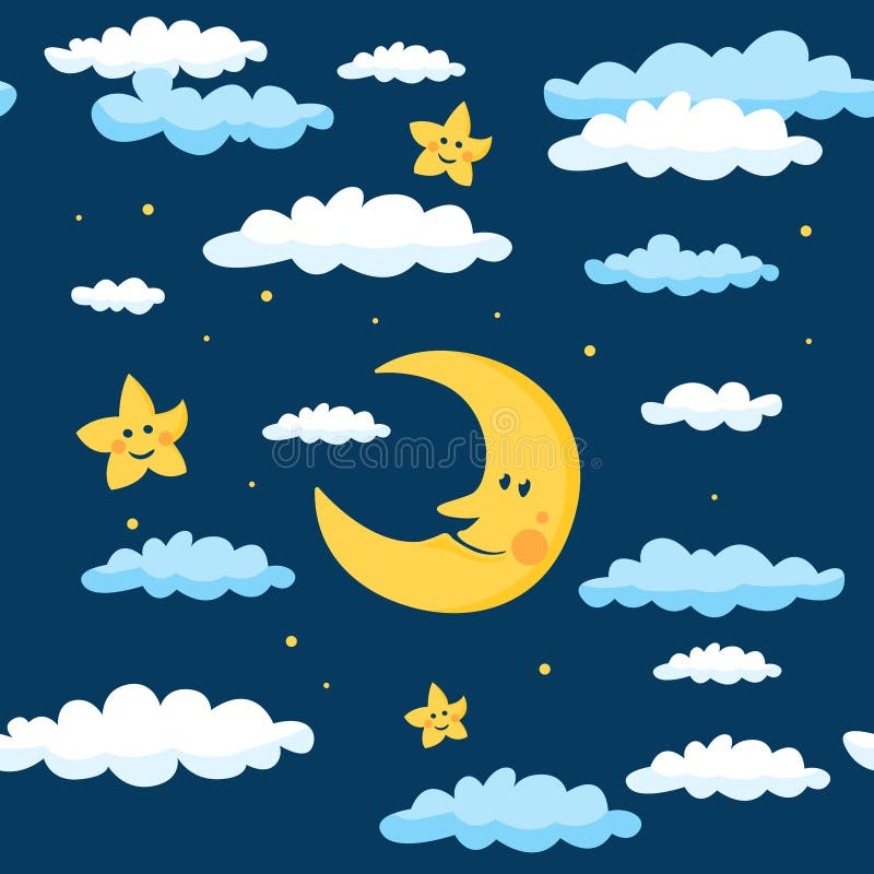 Cartoon Vector Seamless Pattern with Moon and Stars in Night Sky Stock ...