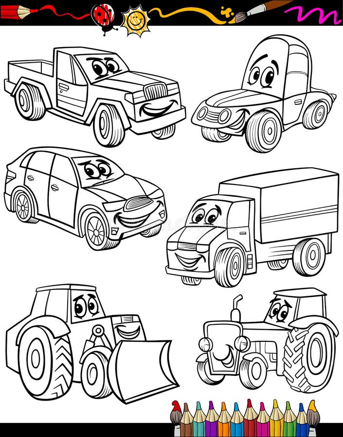 Cartoon vehicles set for coloring book stock illustration