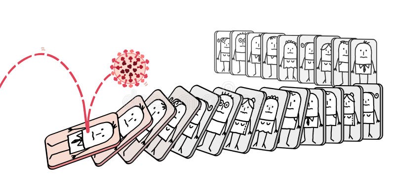 Cartoon virus pushing down people, like a domino effect vector illustration