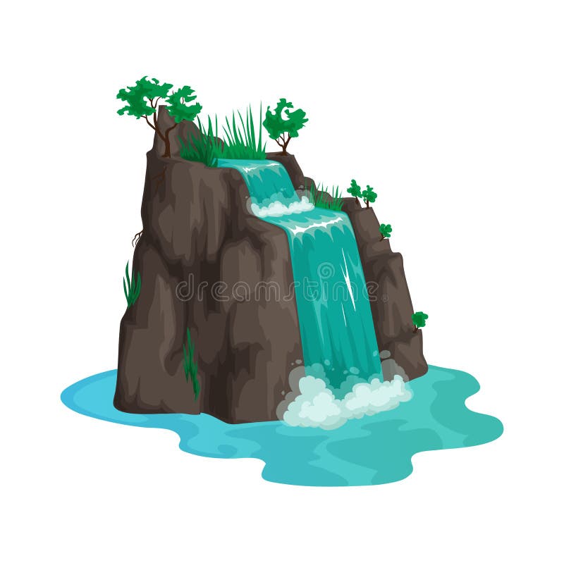 Cartoon Water Cascade. Waterfall Grass and Trees Stock Illustration ...