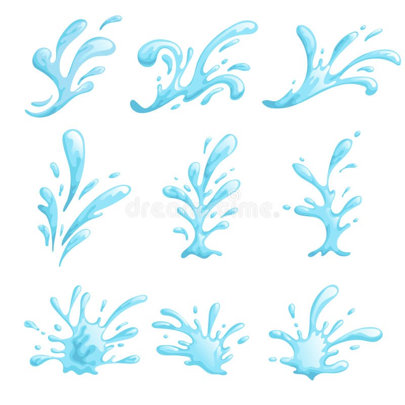 Cartoon water stylized waves and splashes set. Sea, ocean, pool symbols in comic style. Blue water drops. Vector illustrations stock illustration Cartoon water stylized waves and splashes set. Sea, ocean, pool symbols in comic style. Blue water drops. Vector illustrations stock illustration