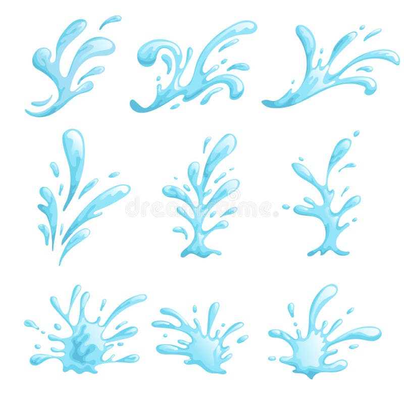 Cartoon water stylized waves and splashes set. Sea, ocean, pool symbols in comic style. Blue water drops. Vector illustrations collection isolated on white