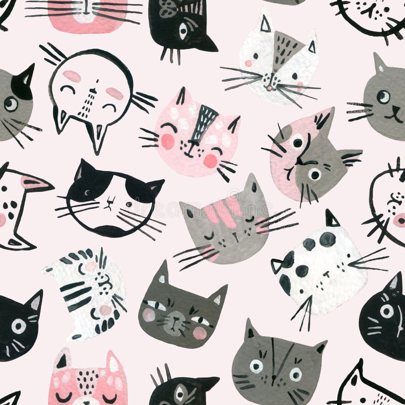 Cartoon watercolor cats seamless pattern in pastel colors. Cute kitten faces background for kids design