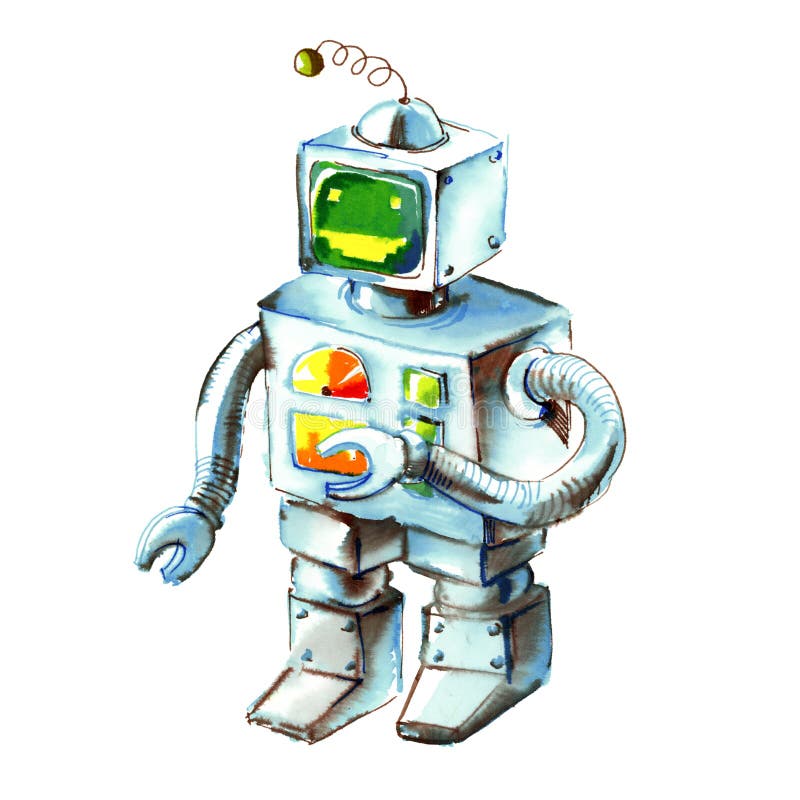 Cartoon Watercolor Doodle Robot Stock Illustration - Illustration of retro,  computer: 103015616