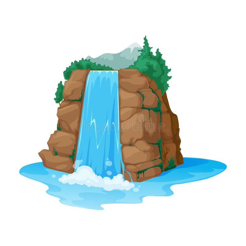 Cartoon Waterfall. Mountain, Pine Tree, Game Asset Stock Vector ...