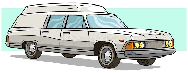 Cartoon white long retro car with roof rack