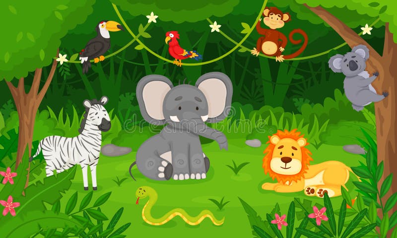 Cartoon Wild Animals in Jungle Forest, Tropical Animal Habitat. Cute Lion, Snake, Toucan, Monkey, Elephant, Rainforest Stock Vector - Illustration of wildlife, wood: 237154702 Cartoon Wild Animals in Jungle Forest, Tropical Animal Habitat. Cute Lion, Snake, Toucan, Monkey, Elephant, Rainforest Stock Vector - Illustration of wildlife, wood: 237154702