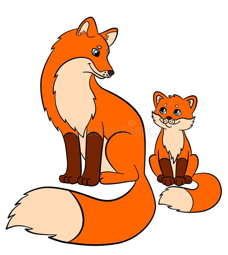 Cartoon Wild Animals for Kids: Fox. Mother Fox with Her Little Cute Baby.  Stock Vector - Illustration of outline, happiness: 74397253
