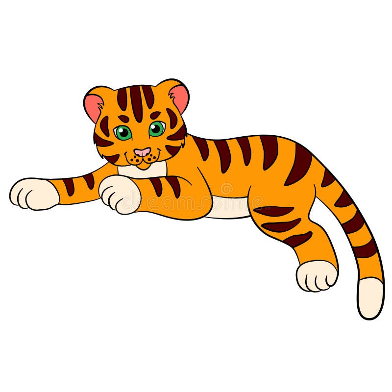 Cartoon wild animals for kids: Tiger. Little cute baby tiger lays and smiles.