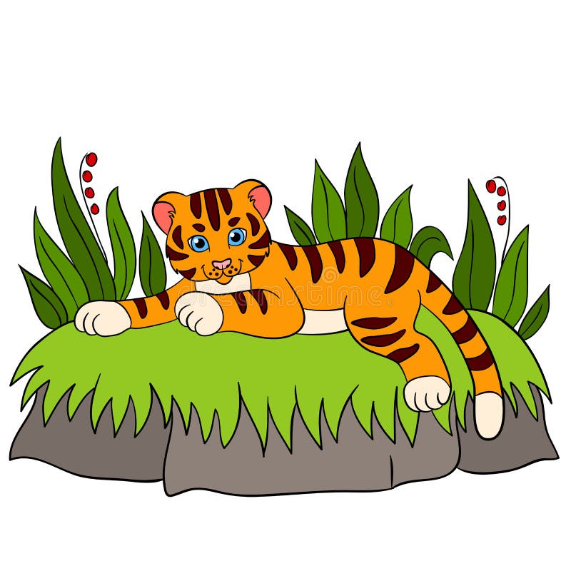 Cartoon wild animals for kids: Tiger. Little cute baby tiger lays and smiles.