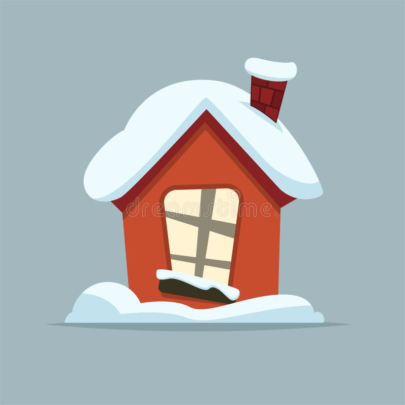 Cartoon Winter house. Vector image of the red brick christmas houses covered with snow.