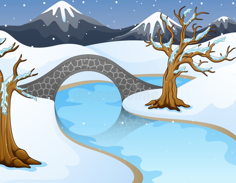 Cartoon winter landscape with mountains and small stone bridge over river