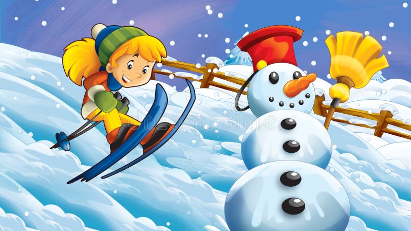 Cartoon winter nature scene with happy snowman and child girl skiing - illustration for children