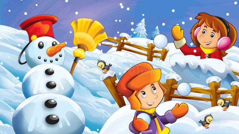 Cartoon Winter Scene with Kids Playing Snow Fight with Snowman Stock Illustration - Illustration of fairytale, child: 134858512 Cartoon Winter Scene with Kids Playing Snow Fight with Snowman Stock Illustration - Illustration of fairytale, child: 134858512