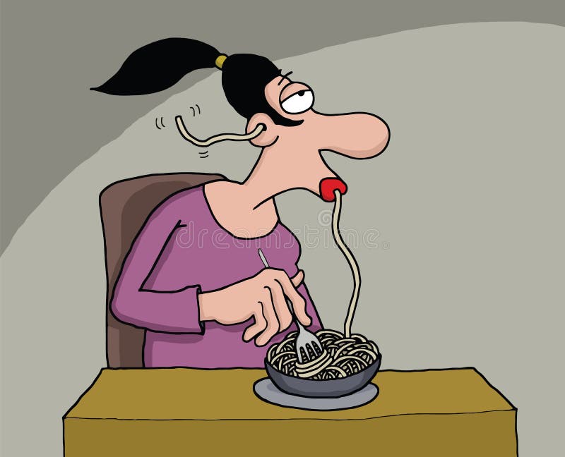 Ridículo diseno de pintura de una mujer comer espaguetis.