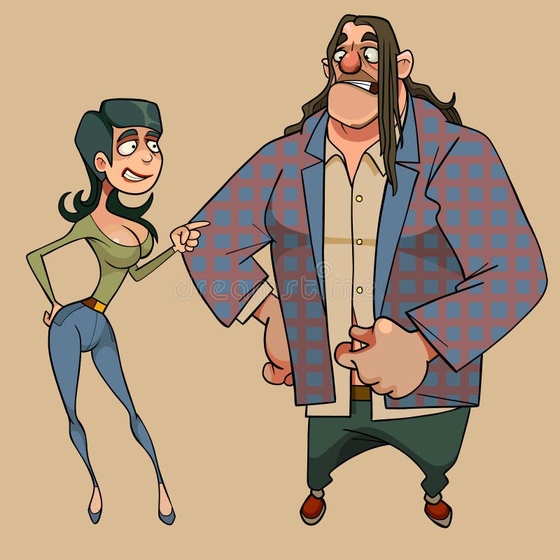 Cartoon woman explains something to surprised man stock illustration