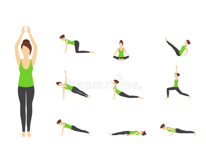 Cartoon Woman in Green Top Yoga Poses 