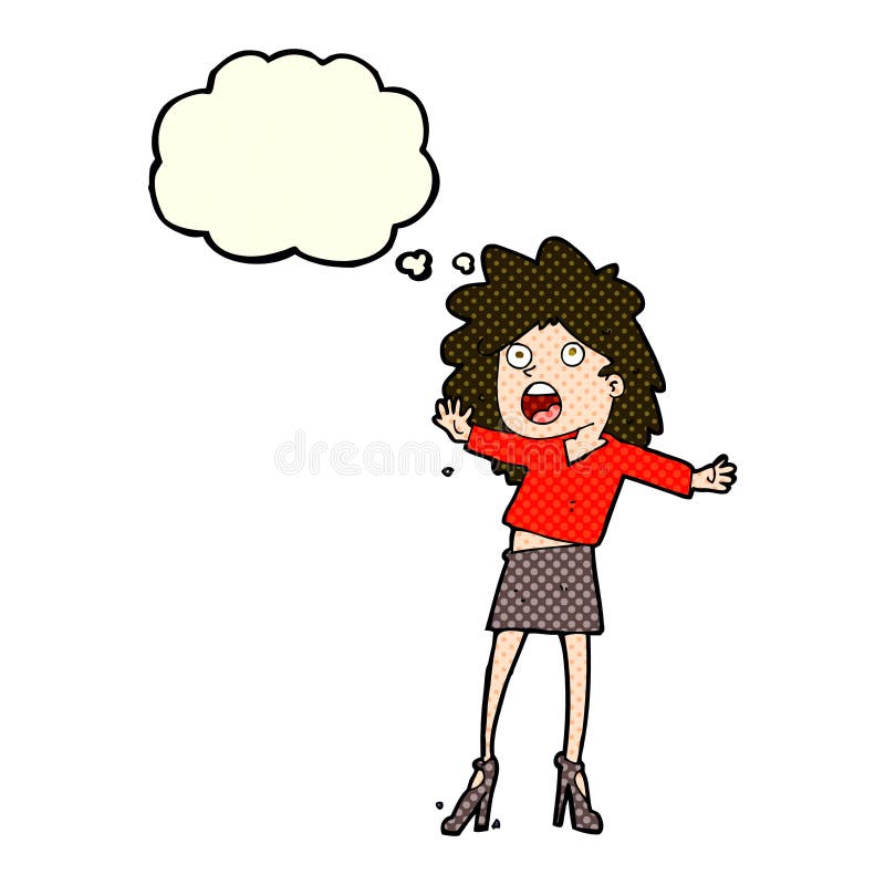 cartoon woman having trouble walking in heels with thought bubbl