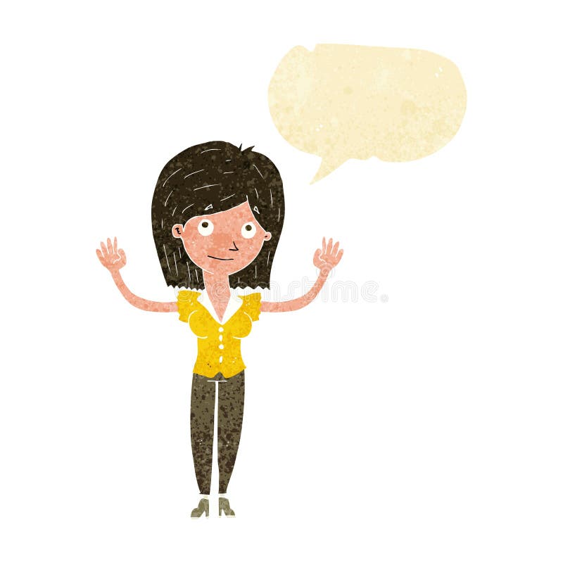 cartoon woman holding up hands with speech bubble