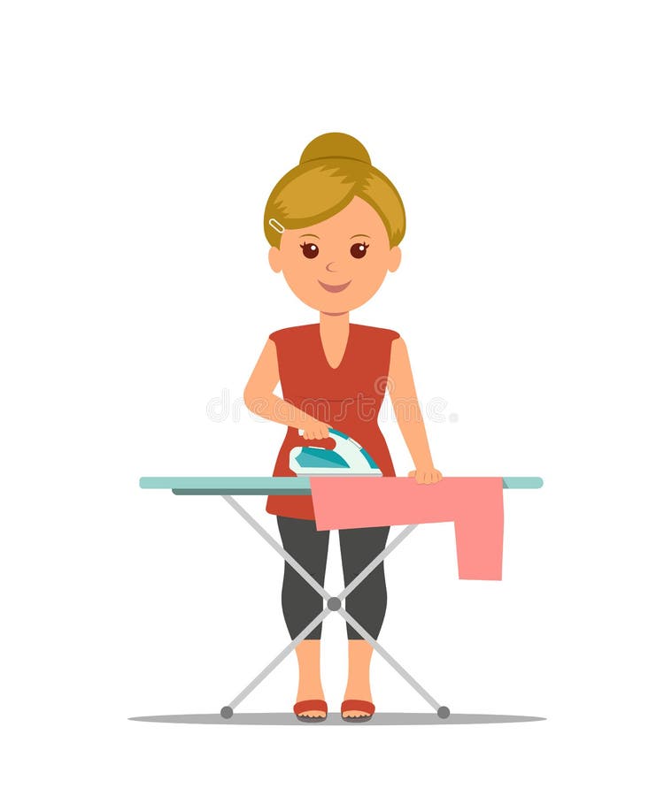 Cartoon woman housewife ironing clothes on iron board. vector illustration Cartoon woman housewife ironing clothes on iron board. vector illustration