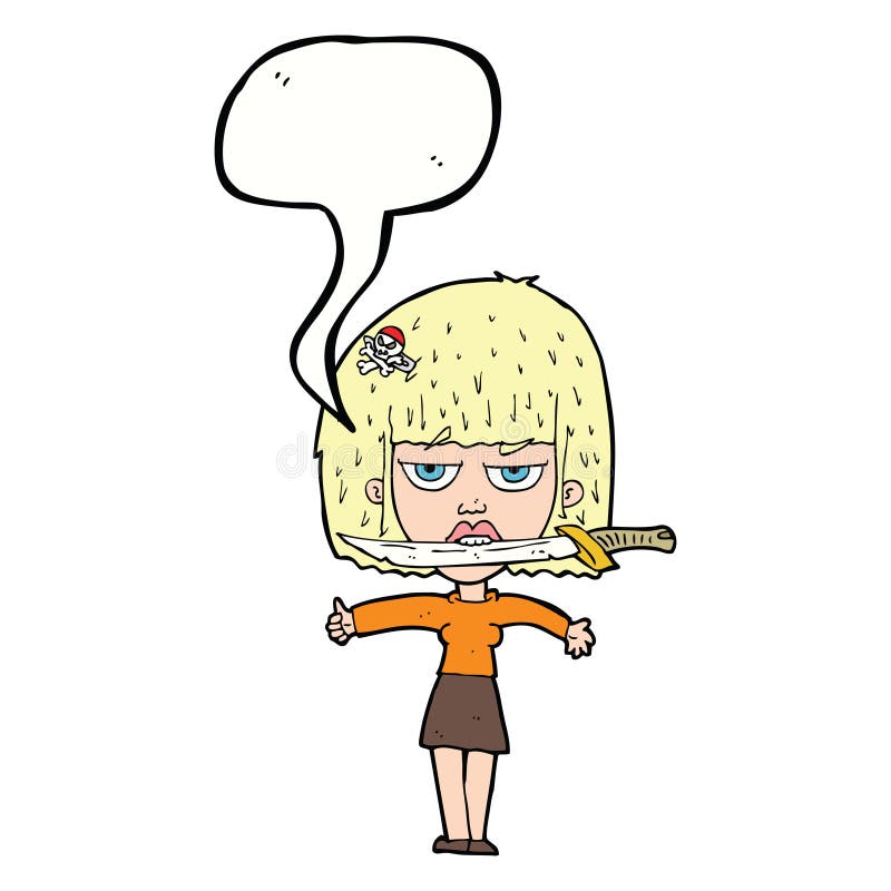 cartoon woman with knife between teeth with speech bubble