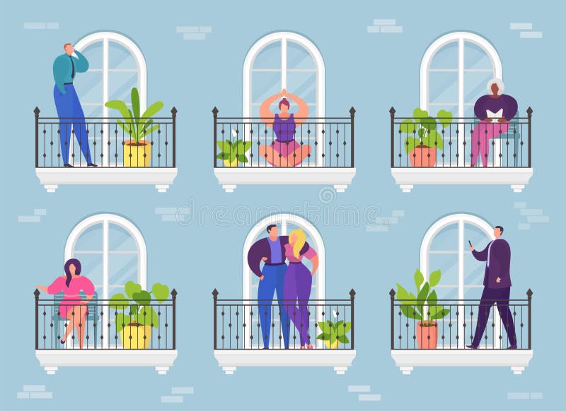 Cartoon woman man in apartment balcony, architecture hotel building vector illustration. Home window to city, house
