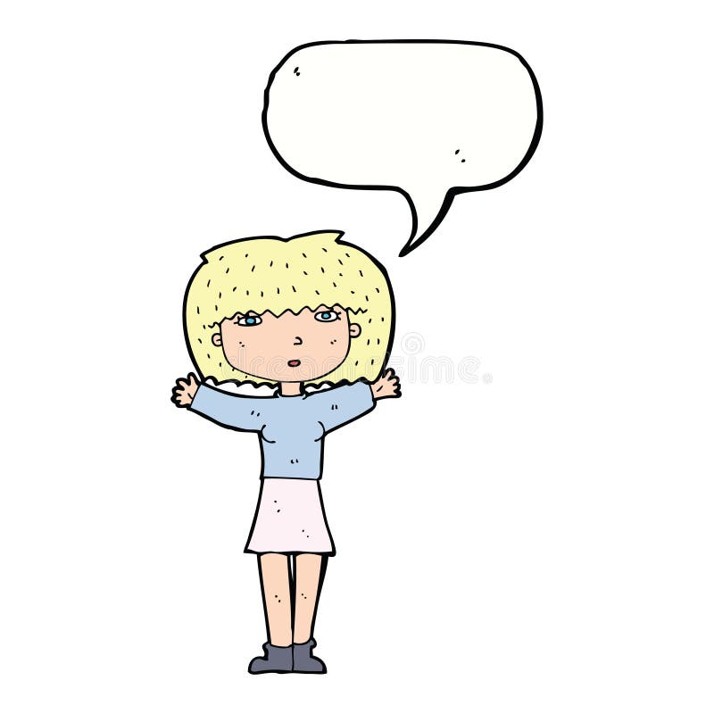 cartoon woman raising arms in air with speech bubble