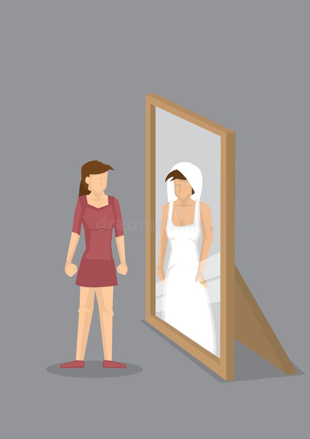 Cartoon woman sees herself as a Bride in wedding dress in mirror reflection. Vector illustration on concept for woman`s fantasy for wedding. Cartoon woman sees herself as a Bride in wedding dress in mirror reflection. Vector illustration on concept for woman`s fantasy for wedding.