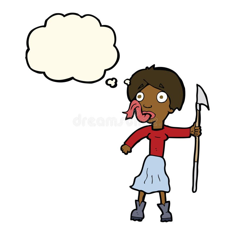 cartoon woman with spear sticking out tongue with thought bubble