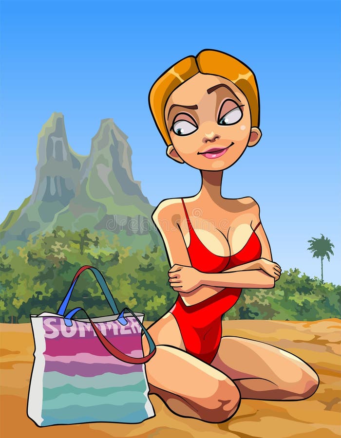 Cartoon Woman in a Swimsuit Sits on the Sand in Summer Stock Vector Illustration of summer