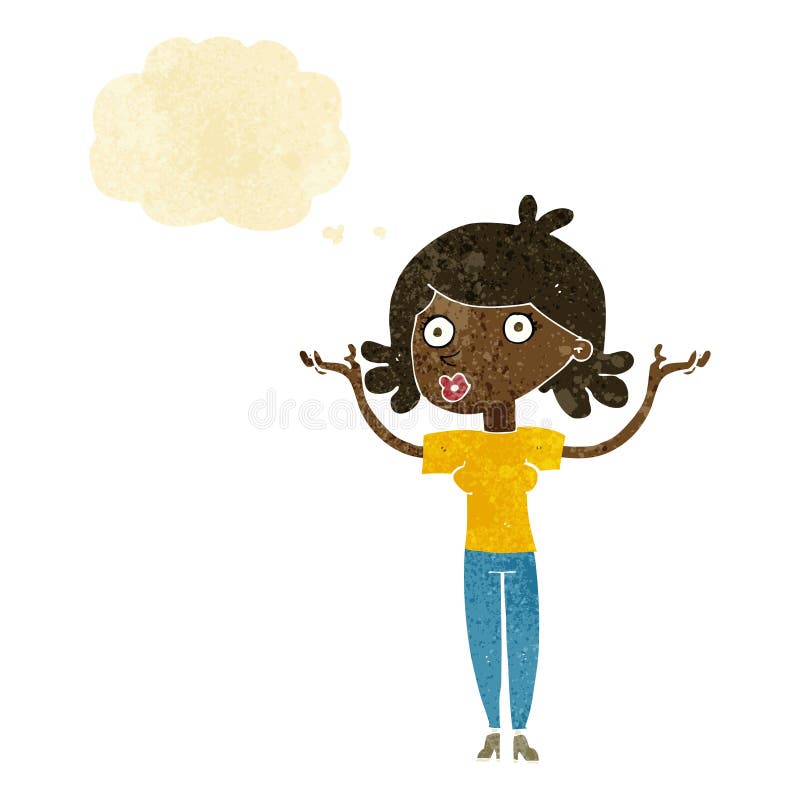 Cartoon Woman Throwing Arms in Air with Thought Bubble Stock