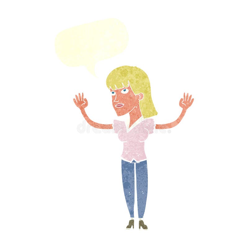 Cartoon Woman Throwing Hands in Air with Speech Bubble Stock