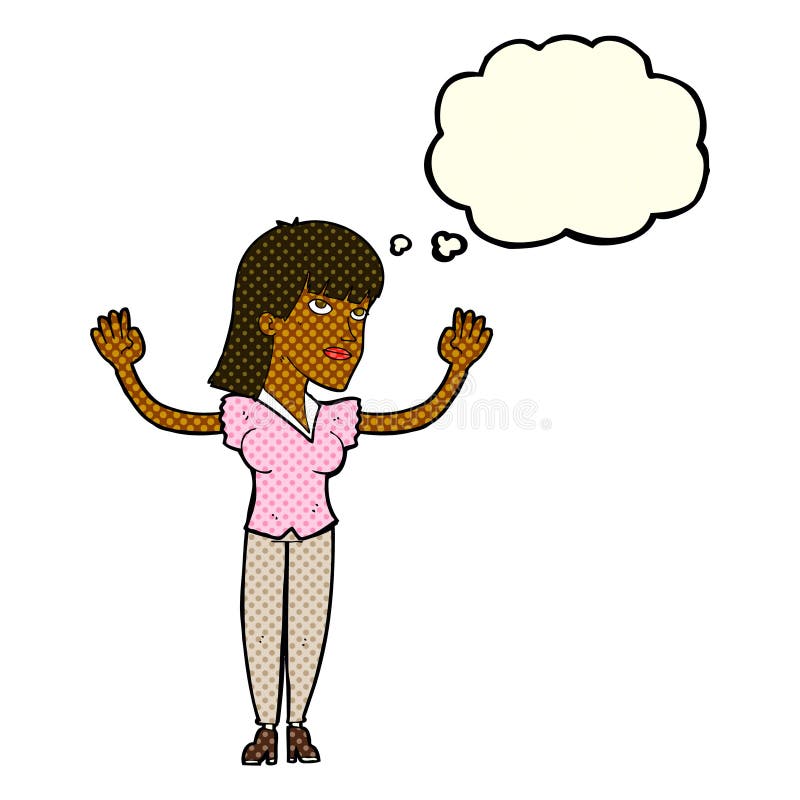 Cartoon Woman Throwing Hands in Air with Thought Bubble Stock