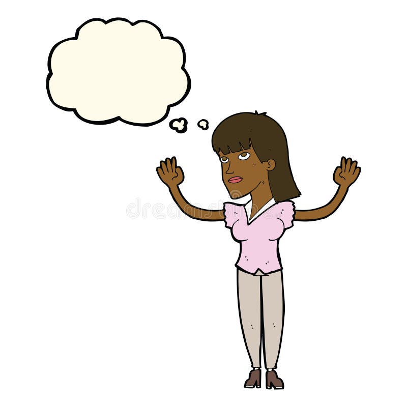 Cartoon Woman Throwing Hands in Air with Thought Bubble Stock