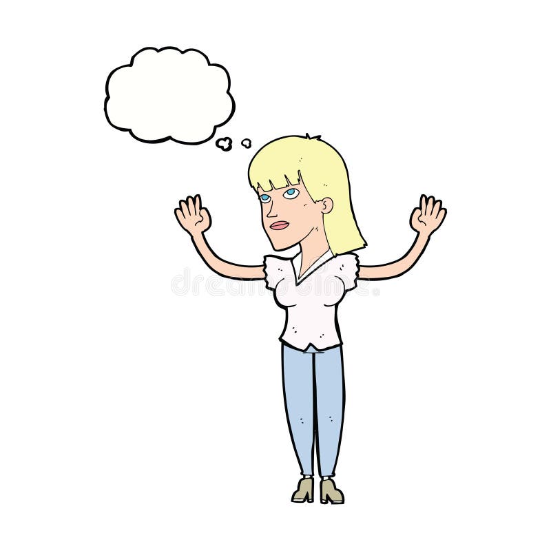 Cartoon Woman Throwing Hands in Air with Thought Bubble Stock