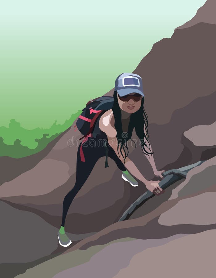 Cartoon woman tourist with a backpack climbs a mountain vector illustration