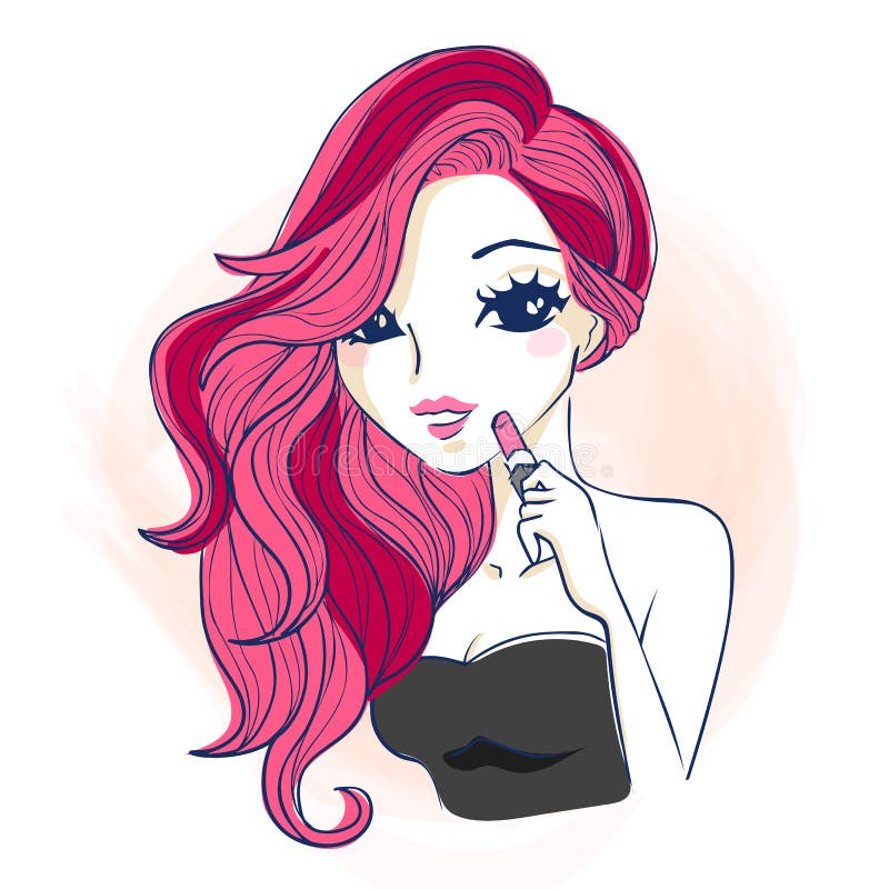 Cartoon woman use lipstick stock vector. Illustration of people 80680404