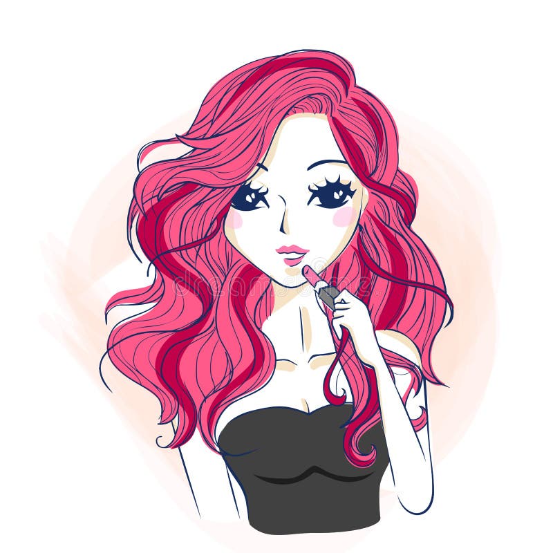 Cartoon woman use lipstick stock vector. Illustration of caricature