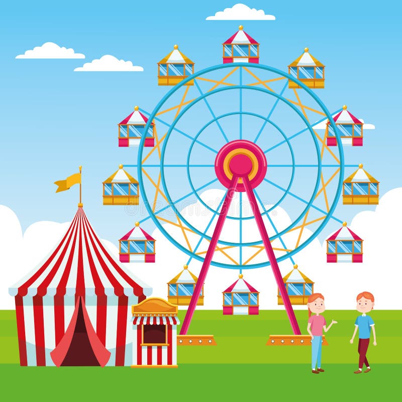 Cartoon Women in the Fair with Ferris Wheel and Carnival Tent Stock ...