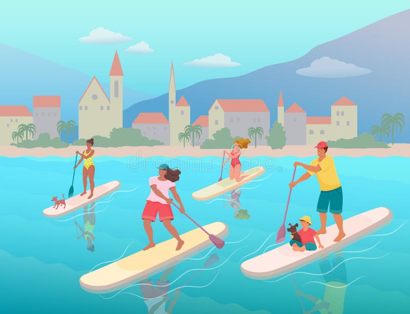 Kneeling woman is paddling with paddle board Vector Image