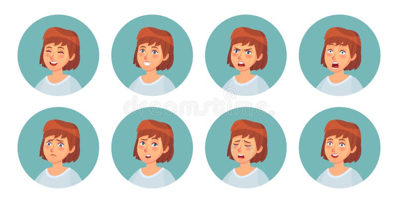 Cartoon womens emotions. Female character facial emotion, happy smiling woman and angry face portrait. Person character expression internet avatar. Isolated vector illustration icons set. Cartoon womens emotions. Female character facial emotion, happy smiling woman and angry face portrait. Person character expression internet avatar. Isolated vector illustration icons set