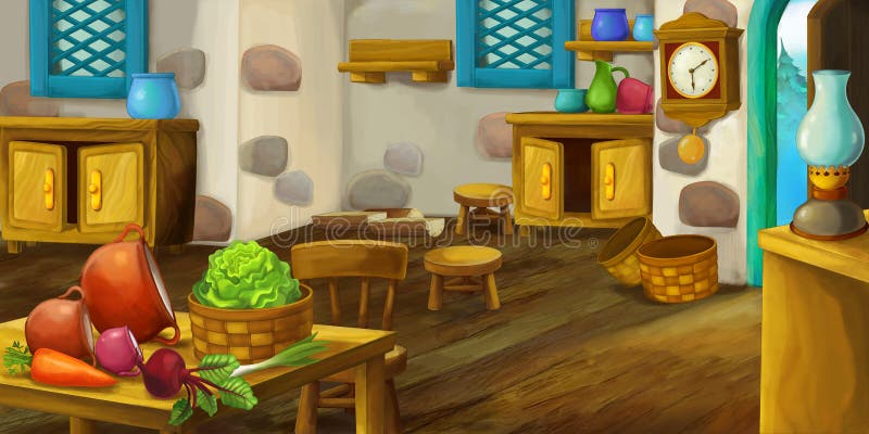 Cartoon Wooden House Interior Kitchen on Farm Ranch Stock Illustration -  Illustration of farm, house: 220671721