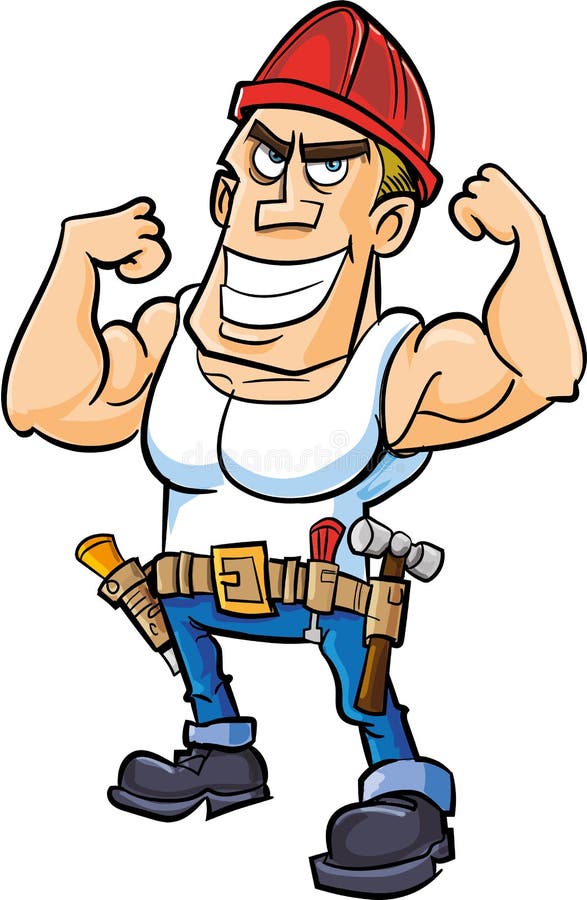 Cartoon worker flexing his muscles stock illustration