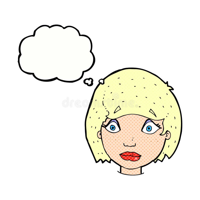 cartoon worried female face with thought bubble