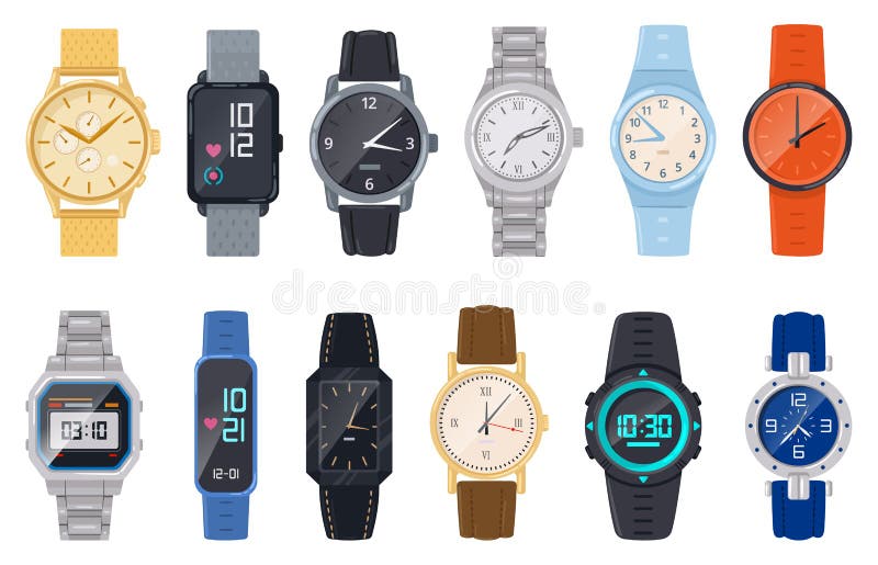 Cartoon wristwatches. Gold and silver hand clocks, quartz analog and electronic watch accessories flat vector illustration set.