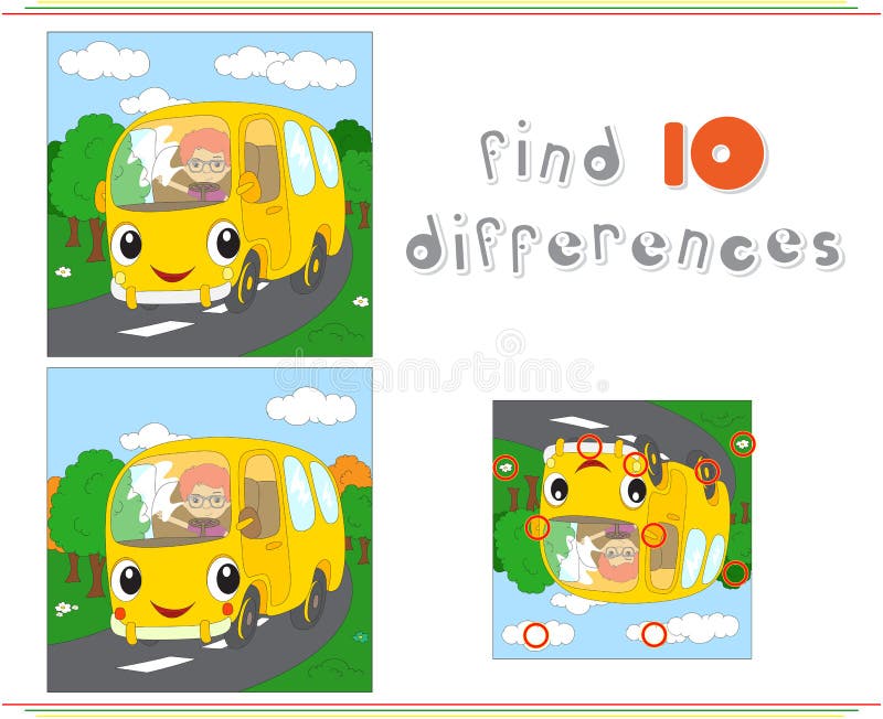 Cartoon yellow bus. Educational game for kids: find ten differences