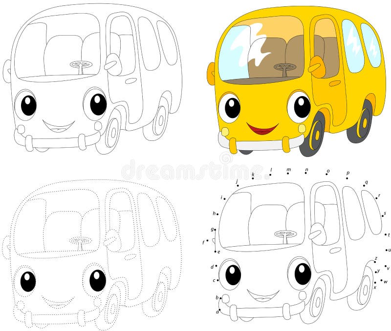 Cartoon yellow bus. Vector illustration. Coloring and dot to dot