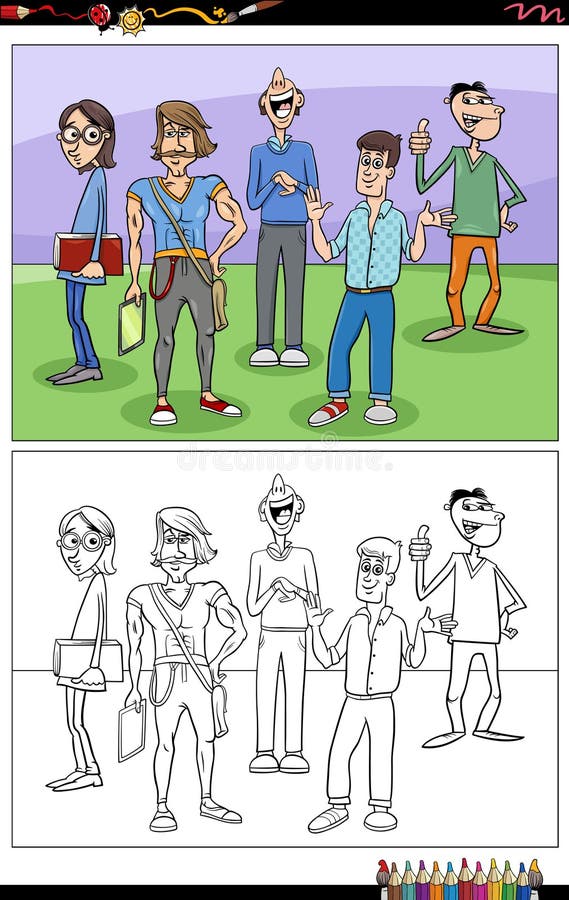Cartoon Young Men Characters Group Coloring Page Stock Vector