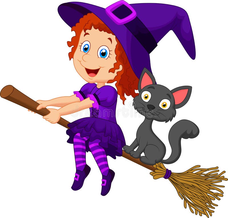 Cartoon young witch flying on her broom vector illustration Cartoon young witch flying on her broom vector illustration